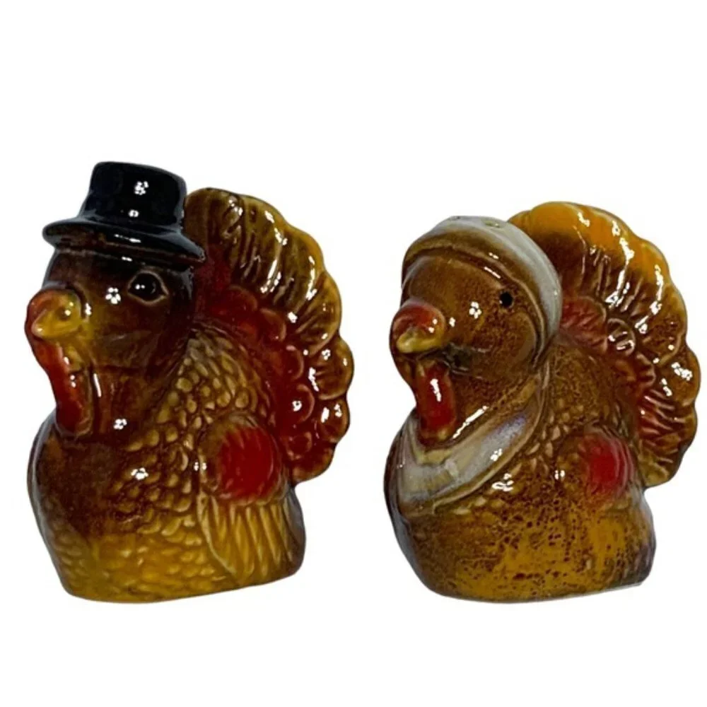 Thanksgiving Harvest Turkey Salt and Pepper Shaker Ceramic Set Rustic Fall Color
